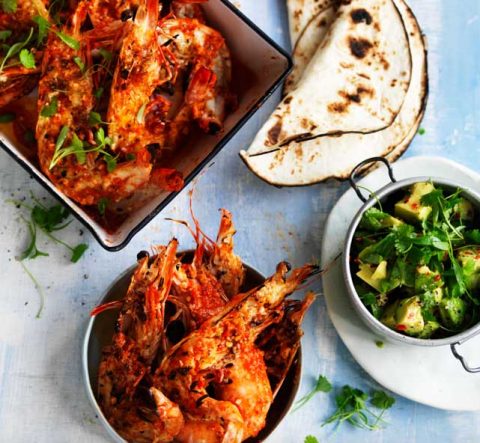 Grilled prawns with sesame chipotle mole and tortilla | Great ...